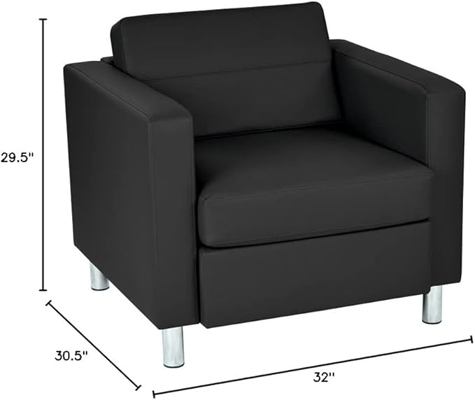 Pemberly Row Contemporary Faux Leather Armchair Black Vinyl Upholstery Box Spring Cushion Seat Silver Finish Metal Legs 32 W x 30.5 D x 29.5 H Modern Guest Chair for Living Room or Office Use