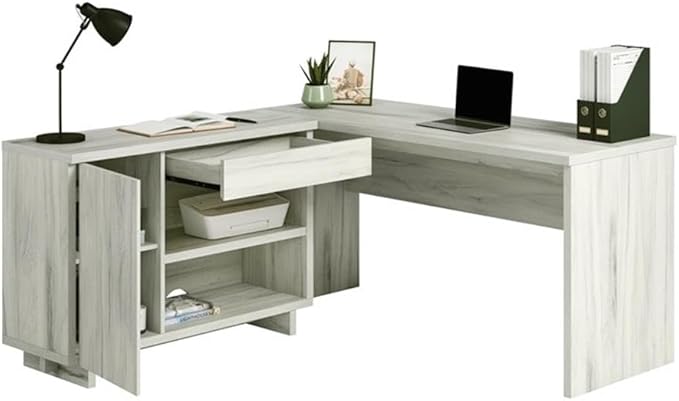 Pemberly Row Engineered Wood Desk with Credenza 30 H x 60 W x 65.98 D Haze Acacia/Natural Finish Adjustable Storage Shelves Drawer Cord Management L-Shaped Home Office Desk