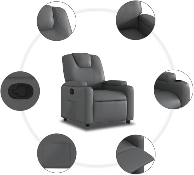 vidaXL Gray Faux Leather Recliner Chair with Manual Recline Cup Holders and Side Pocket for Living Room Bedroom Comfort