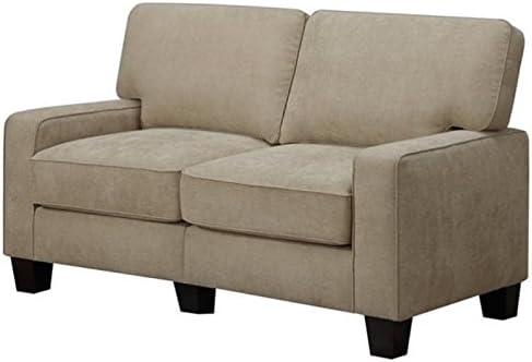 Pemberly Row Modern Fabric Loveseat 61 Wide Silica Sand Beige Finish Hardwood Frame 2 Pillows Memory Foam Cushions Small Living Spaces or Office Sofa Tool-Free Assembly
