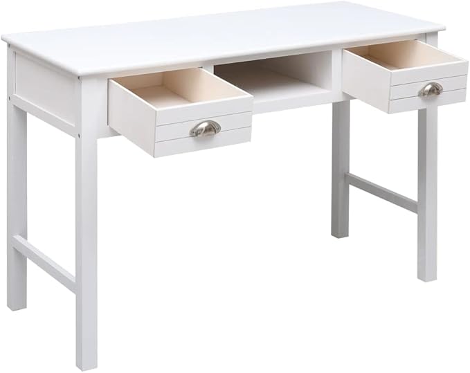 Wooden Writing Desk Modern Simple Home Office Computer Laptop Writing Desk with 2 Drawers and 1 Open Compartment White 43.3x17.7x29.9 Wood-85