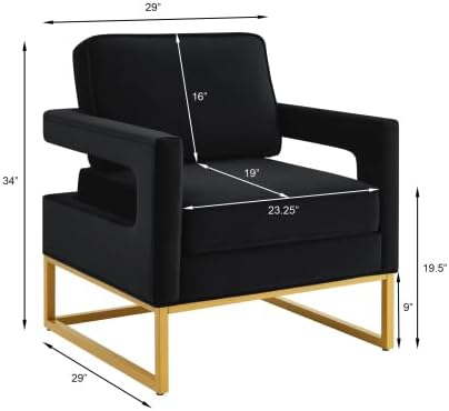 Accent Chair Upholstered for Bedroom: Velvet Living Room Chairs with Gold Metal Base and Open ArmrestBlack