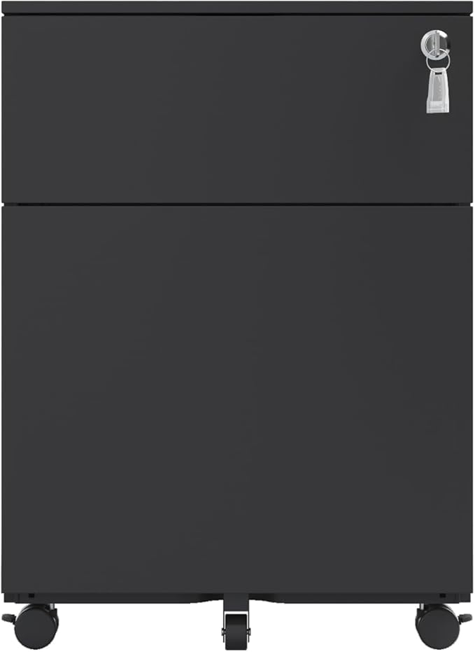 LifeSky Mobile File Cabinet for Office: 2-Drawer Rolling Storage with Lock - 5-Point Stability System &amp Full-Extension Drawers for Legal/Letter/A4/F4 Files - Compact Under-Desk Design for Home Off