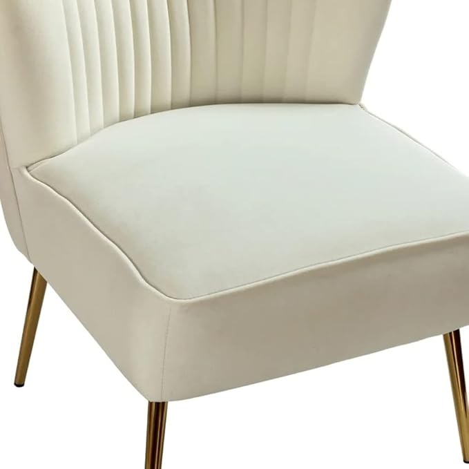 Eye-Catching Elegant Wide Tufted Velvet Lounge Chair Living Room | Pleated Details Soft Foam Filling Solid Wood &amp Gold Metal Legs | Size: 31''H x 26''W x 29.5''D Glam Luxe Look Pretty Ivory Color