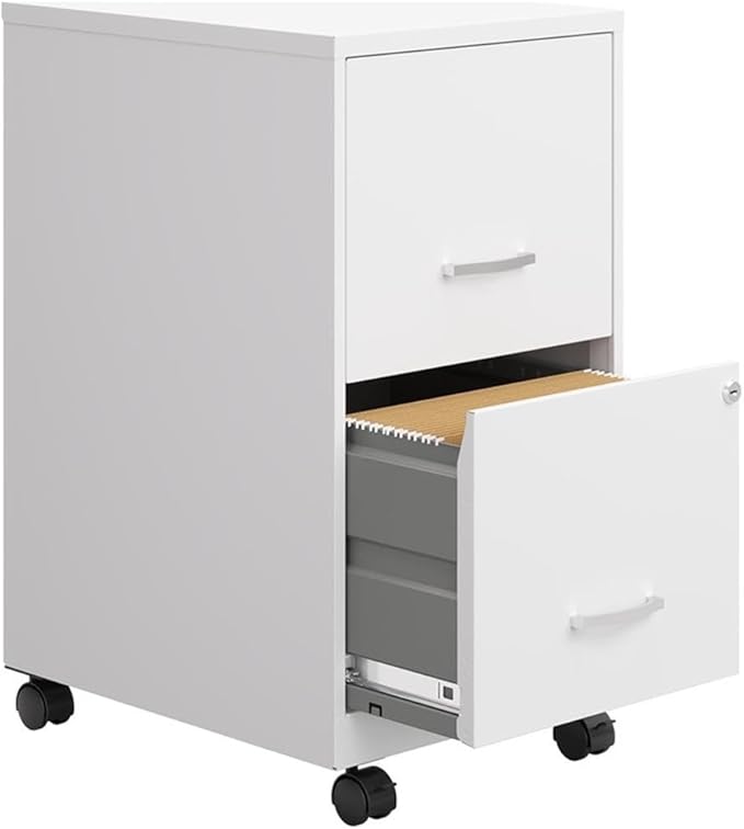 Pemberly Row 18 2 Drawer Mobile Metal File Cabinet Alpine White Finish Tamper-Resistant Locking Drawers Ball-Bearing Slides Locking Casters Commercial Office Storage Solution