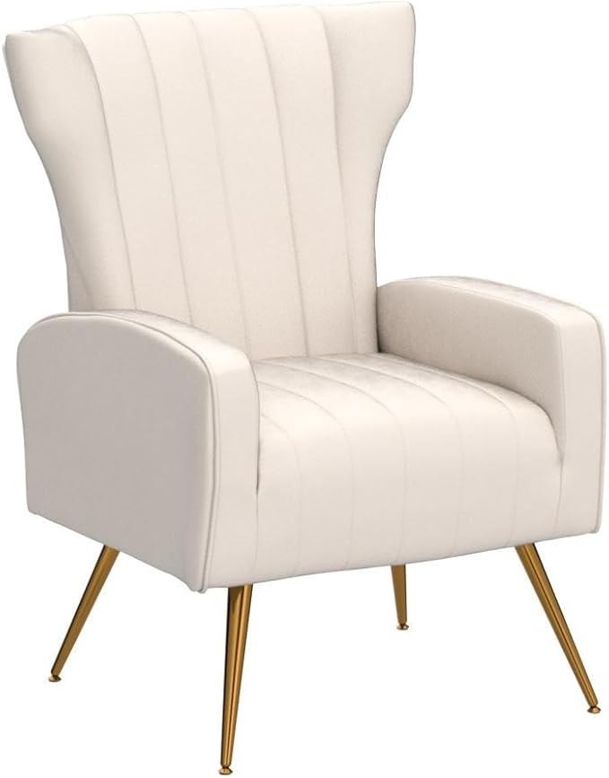 Modern Velvet Accent Chair Channel Tufted Bedroom Office or Living Room Furniture with Elegant Metal Legs 26 Wide Armchair Beige