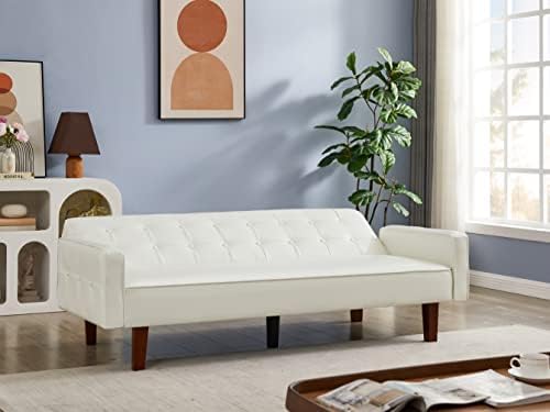 Modern PU Leather 3-Seat Couch Adjustable Backrest Convertable Sofa Sleek Minimalist Fold Out Couch Loveseat with Armrests Sofa for Living Room Home Office Spaces White