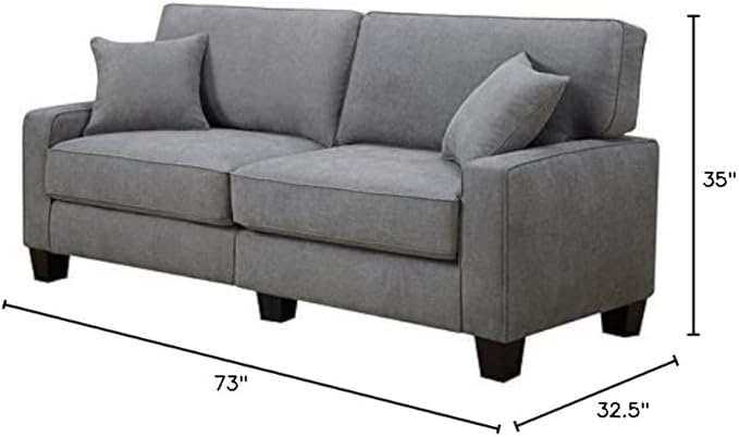 Pemberly Row Contemporary Fabric Upholstered Sofa Glacial Gray Finish 73 in Wide Durable Polyester Material Memory Foam Cushions Flared Arms Small Living Spaces Stylish Living Room Furniture