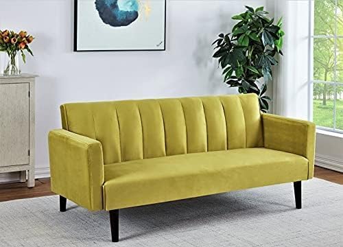 72 Velvet Convertible Futon Sofa Bed - Full Out Twin Sleeper Couch w/Channel Stitch Wood Frame &amp High-Density Foam - Space-Saving for Apartments/Dorms Golden Yellow