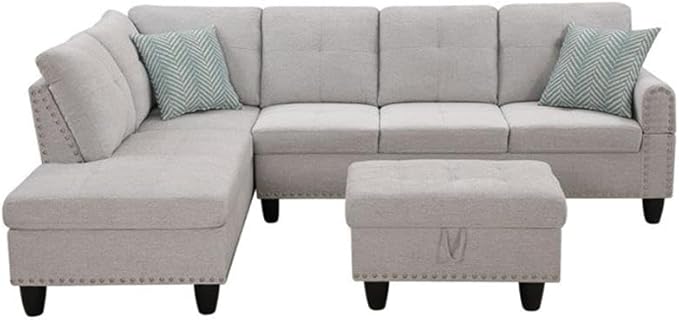 Devion Furniture Polyester Fabric Sectional Sofa with Lift-top Storage Ottoman Tufted Design in Light Gray Finish