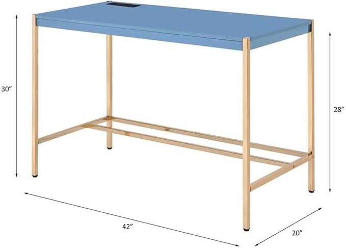 Acme Midriaks Wooden Top Writing Desk with USB Port in Navy Blue and Gold