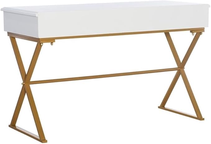 Pemberly Row Modern Metal Desk 47.5 W x 19.5 D x 29.25 H White MDF Top Brass Finish Legs 2 Drawers Sleek Home Office Desk for Bedroom or Living Room Workspace Assembly Required