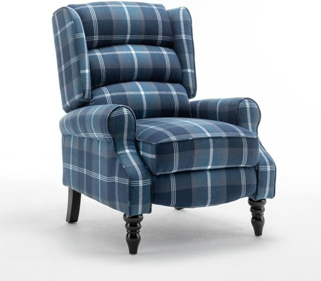 Upholstered Wingback Recliner Chair Plaid Recliner Chair Armchair Adjustable Footrest Push Back Reclining Sofa Mid-Century Modern Lounge Armchair for Living Room Bedroom Reading - Blue