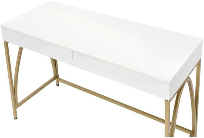 Pemberly Row Lightmane Wooden Top Writing Desk 50 W x 30 D x 31 H White High Gloss Finish with Gold Metal Legs 2 Storage Drawers Rectangular Computer Desk for Home Office