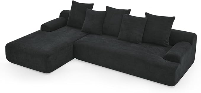 WILLIAMSPACE 110.25 Black Velvet Sectional Sofa Cloud Sponge Couch with Pillows Modular Floor Compressed Upholstered L-Shape Sofa Foam 4 Seater Couch for Living Room No Assembly Left-Facing Black