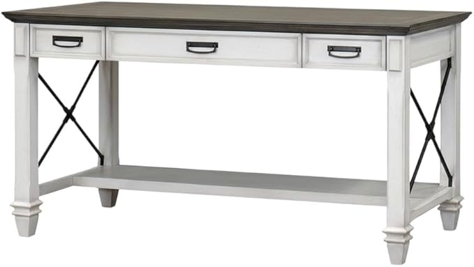 White Wood Writing Desk with Three Utility Drawers Built-in Power Center Charging Shelf and Spacious Home Office Work Surface