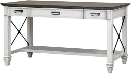 White Wood Writing Desk with Three Utility Drawers Built-in Power Center Charging Shelf and Spacious Home Office Work Surface