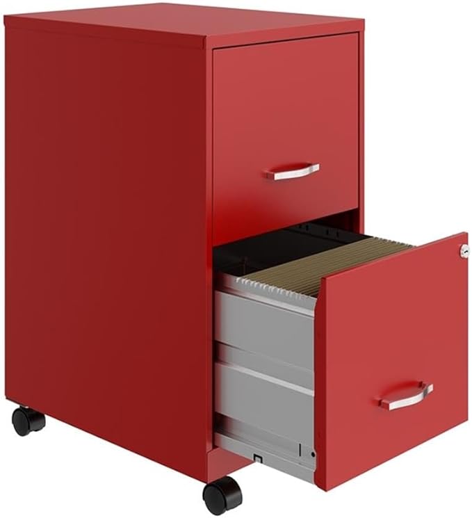 Pemberly Row 2-Drawer Metal Vertical Filing Cabinet 18 in Depth Red Finish Lockable Mobile Office Storage with High-Side Drawers Easy Roll Casters Fits Under Desk Letter Size Hanging Files
