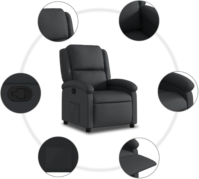 vidaXL Recliner Chair - Black Real Leather Manual Reclining Function Comfortable Seating with Solid Wood and Metal Frame for Office or Living Room