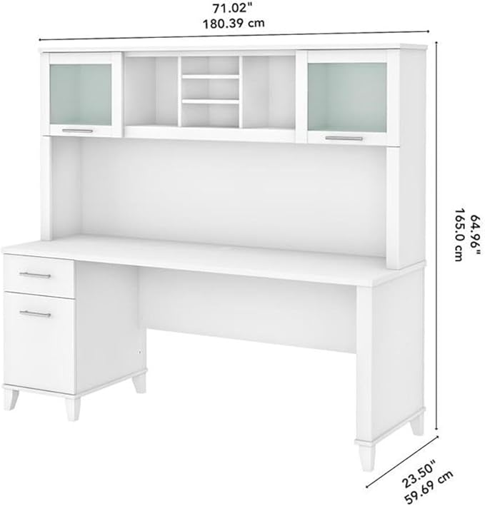 Pemberly Row 72W Office Desk with Drawers and Hutch Engineered Wood White Finish Frosted Glass Doors Wire Management Spacious Home Office Desk and Storage Solution for Computer and Paperwork