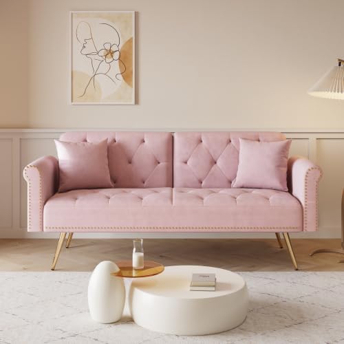 Convertible Futon Sofa Bed  Adjustable Sleeper Couch Modern Velvet Tufted Recliner Reversible Loveseat Folding Daybed Guest Bed Sofacama w/ Nailhead Trim and Golden Metal Legs for Living Room Office