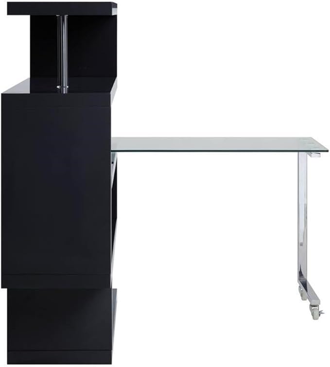 Pemberly Row L-Shaped Writing Desk with Glass Top Chrome and Black High Gloss Finish MDF and Tempered Glass 55 W x 24 D x 54 H 4 Shelves 360° Swivel Function Modern Home Office Desk