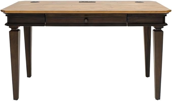 Pemberly Row Executive Writing Desk 54 in Wood Top Brown Finish Antique Bronze Hardware Dropfront Keyboard Drawer USB/AC Power Center Finished on All Sides Home Office Desk