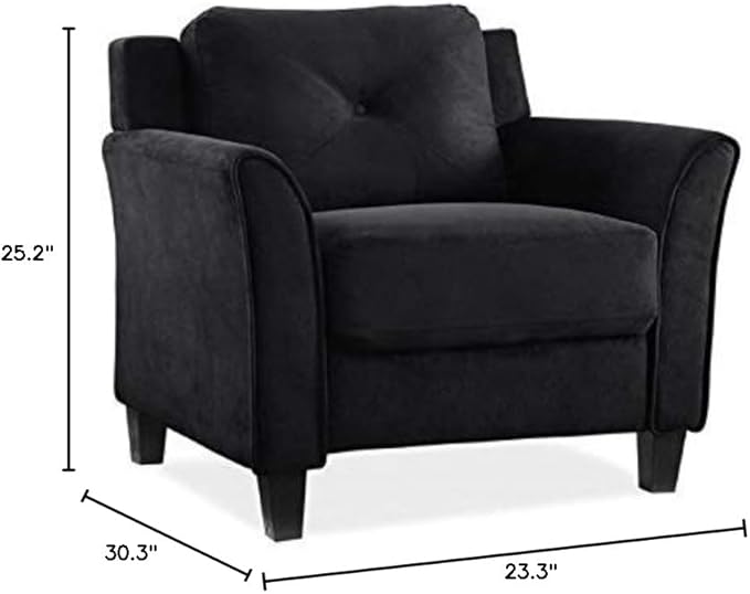 BOWERY HILL Transitional Accent Chair Black Microfiber Upholstery Curved Arms Tufted Back Cushions Solid Wood Frame and Legs 33.9 W x 31.5 D x 32.7 H Stylish Living Room or Lounge Seating