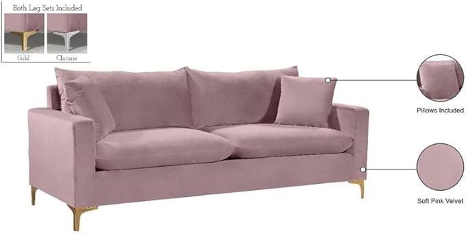 Meridian Furniture Naomi Collection Modern | Contemporary Pink Velvet Upholstered Sofa with Stainless Steel Base in a Rich Gold Finish
