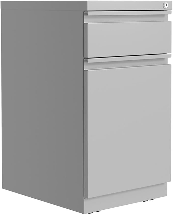 BOWERY HILL Mobile Pedestal File Cabinet 20 D 2-Drawer Steel Construction Arctic Silver Finish Hidden Casters Backpack Drawer for Office or Home Workspace Storage