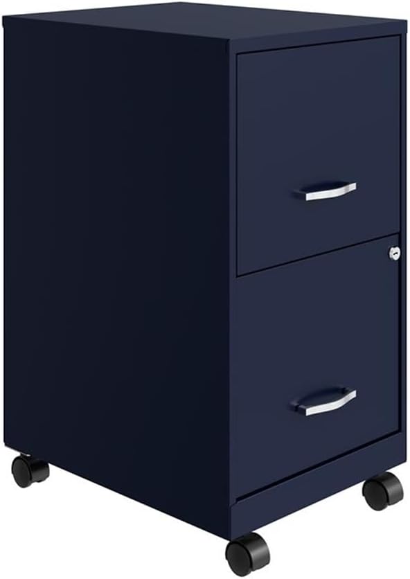 Pemberly Row 18 2-Drawer Mobile Metal Filing Cabinet Navy Finish Painted Steel Lockable High-Side Drawers Smooth Glide Wheels Compact Vertical Design for Home or Office Organization