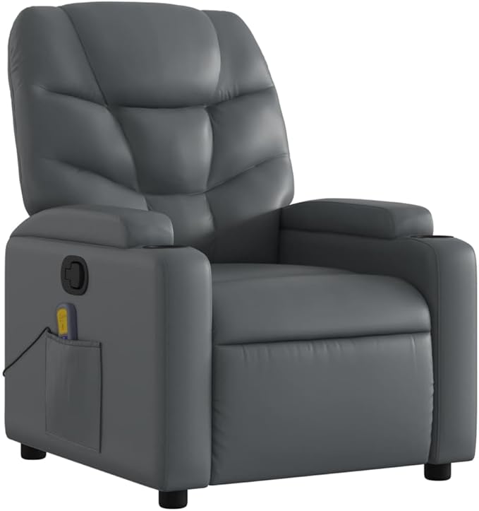 vidaXL Massage Recliner Chair - Gray Faux Leather Manual Reclining 6-Point Vibration Cup Holders Living Room Seating