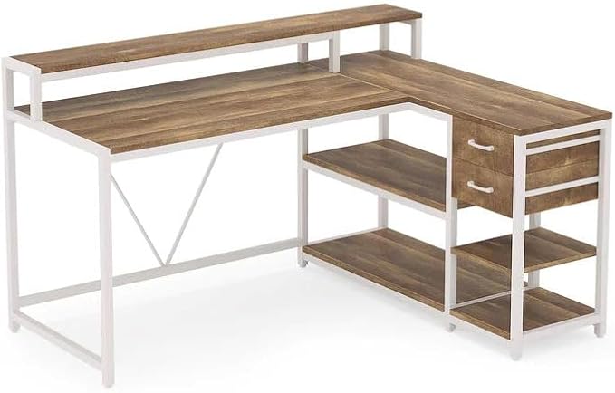 55 L Shaped Office Desk with Drawers &amp Storage Reversible Executive Office Desk with 4 Shelves Large Corner Computer Desk with Elevated Monitor Stand for Home Office Gaming (White+Oak)