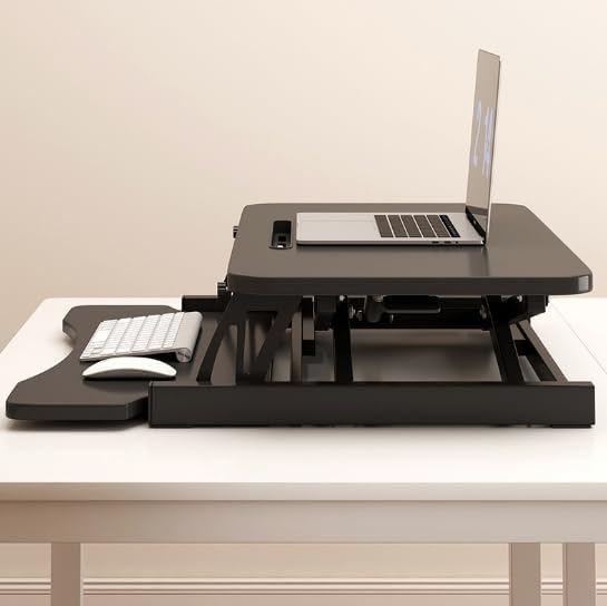 Standing Desk Converter 32 Inch Height Adjustable Sit-Stand Workstation Dual Monitor Riser with Wide Keyboard Tray - Office &amp Home Use Black (Black)