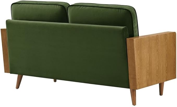 MAKLAINE Contemporary Vegan Leather Upholstered Loveseat Walnut Moss Green Finish Wood Veneer Armrests High-Density Foam Down Blend Cushions Tapered Wood Legs Mid Century Style for Living Room