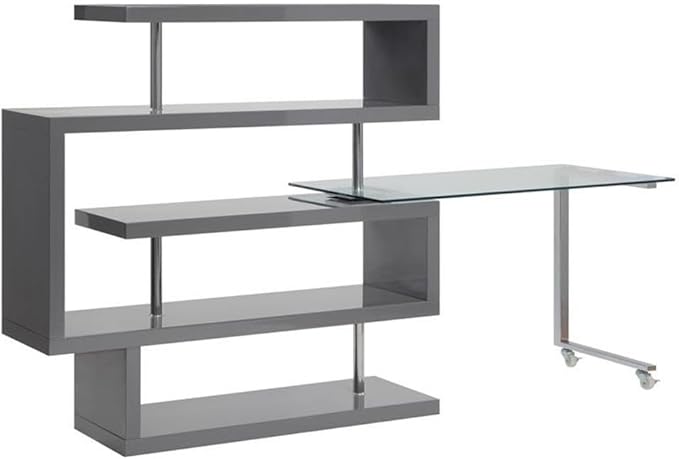 BOWERY HILL L-Shaped Glass Top Writing Desk Chrome and Gray High Gloss Finish Metal and MDF Construction 55 W x 24 D x 54 H 4 Shelves Swivel Function Modern Small Space Home Office Desk