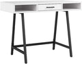 Pemberly Row 40 W Writing Desk Pure White Oak Finish Engineered Wood Compact with Storage Box Drawer and Open Compartments Industrial Style Powder-Coated Metal Legs Home Office or Study Desk