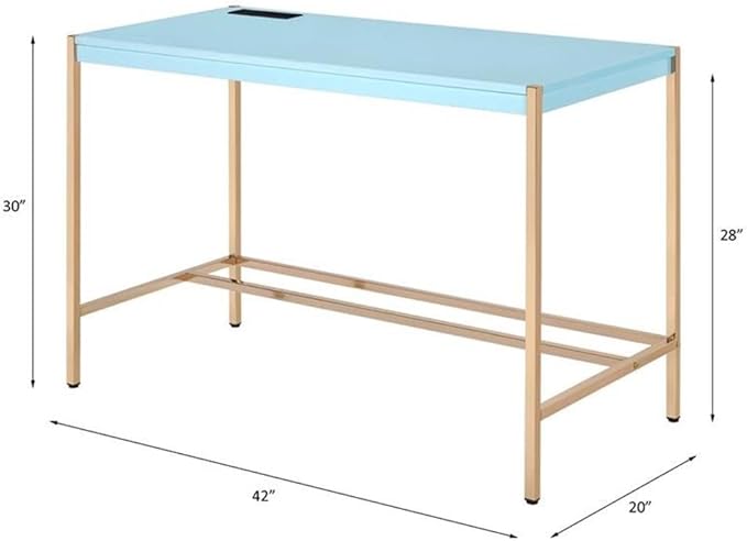 Acme Midriaks Wooden Top Writing Desk with USB Port in Baby Blue and Gold