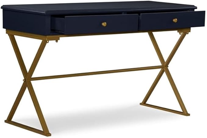 Pemberly Row Writing Desk 47.5 W x 19.5 D x 29.25 H MDF and Metal Blue Top with Gold Criss Cross Legs 2 Drawer Storage Modern Style for Office or Workspace