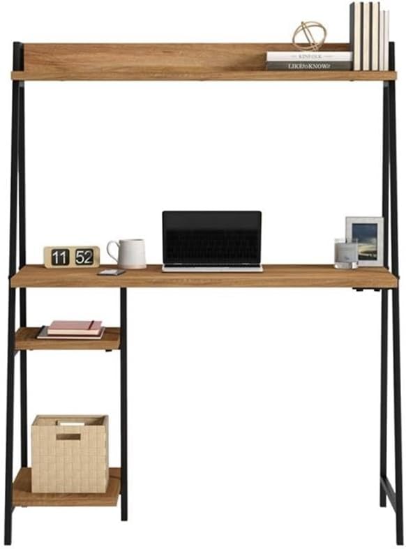 Pemberly Row Mid-Century Engineered Wood Computer Desk Sindoori Mango/Brown Finish 43 in Wide 54 in Tall Durable Metal Frame with Hutch Modern Small Office Desk for Home or Workspace