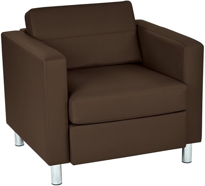 Pemberly Row Contemporary Armchair Dillon Java Brown Vinyl Fabric 32 W x 30.5 D x 29.5 H Box Spring Seat Silver Finish Metal Legs Modern Club-Style Chair for Living Room or Guest Seating