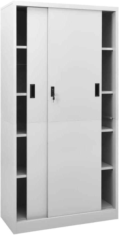 Metal Garage Storage Cabinet File Cabinets Standing Cabinets Bookcases Storage Cabinets Office Cabinet with Sliding Door Light Gray 35.4x15.7x70.9 Steel