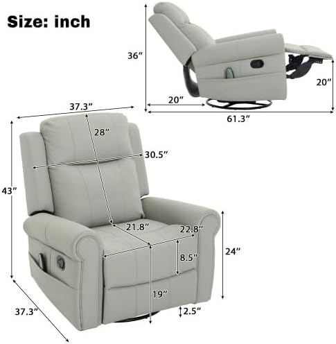 Merax 270°Swivel Rocker Recliner Chair PU Leather Manual Recliner with Massage and Heating Dual Reclining Positions and Side Pocket and for Living Room Bedroom or Nursery Grey