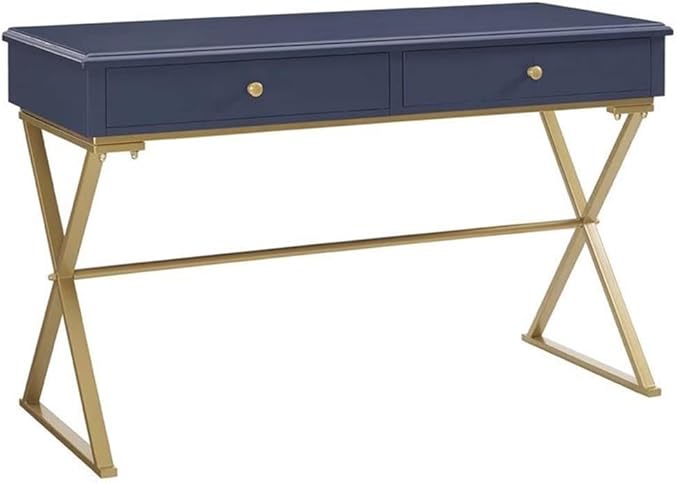 Scranton &amp Co 47 W Mid-Century Metal &amp Wood Writing Desk Sleek Design Incredible Quality for Office/Home Decor in Blue &amp Gold Finish