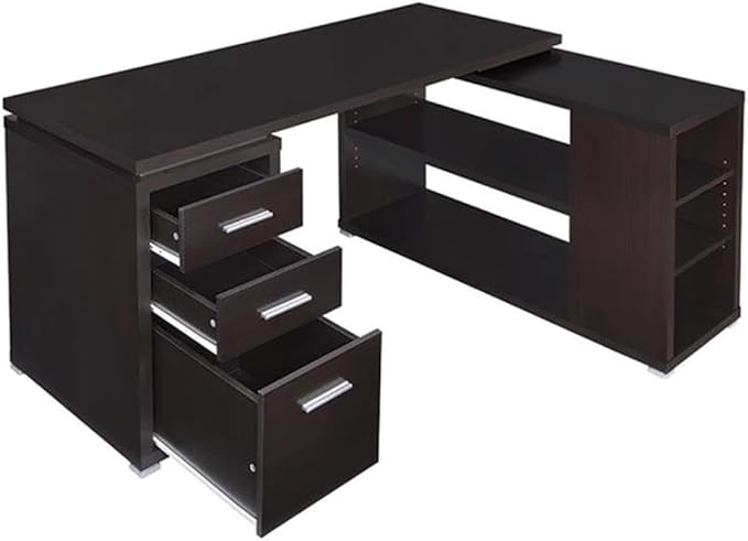 Scranton &amp Co L-Shaped Wood Writing Desk Cappuccino Finish 60 W x 47.25 D x 29.5 H MDF and Laminate 3 Drawers Shelves Reversible Setup Contemporary Home Office Desk with Storage