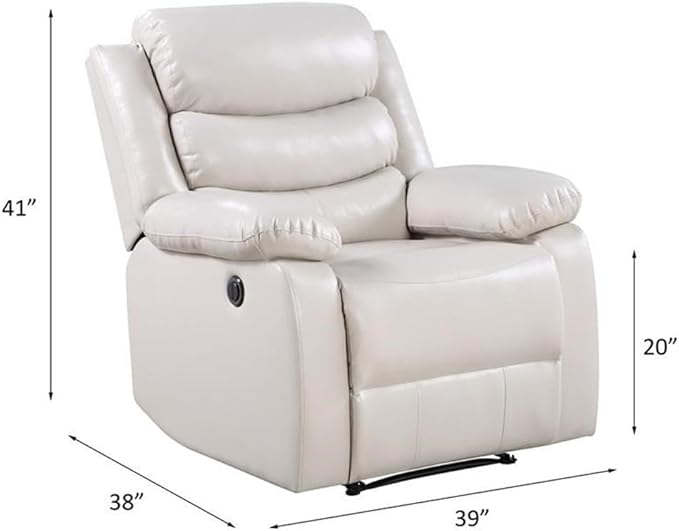 BOWERY HILL Power Recliner Faux Leather Upholstered Beige Finish 39 W x 38 D x 41 H Pillow Top Armrests Pocket Coil Spring Seating Adjustable Seat Comfortable Living Room Chair