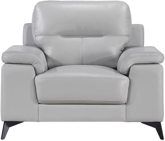 Pemberly Row Leather Match Accent Chair Silver Gray Finish Top Grain Leather and Faux Leather Pillow-Top Arms Black Metal Legs 35 in H x 43.75 in W x 36 in D Modern Living Room Seating