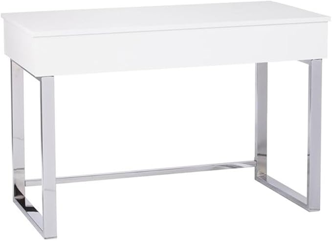 BOWERY HILL Modern Adjustable Height Wood &amp Metal Sit-Stand Desk 47.75 W x 23.75 D x 32 H High Gloss White Finish Ergonomic Lift-Top with Hidden Storage Contemporary Style Home Office Desk