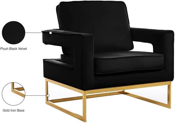 Pemberly Row Modern Accent Chair 33.5 W x 29.5 D x 35.5 H Black Velvet Upholstery Gold Stainless Steel Base High-Density Foam Cushion Solid Wood Frame Contemporary Living Room Seating