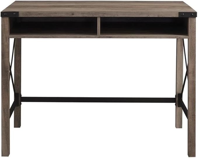 Pemberly Row 42 in Modern Metal and Wood Desk Gray Wash Finish 2 Storage Cubbies with Cord Management Industrial Corner Brackets and X Accents Rustic Farmhouse Style Home Office Writing Desk